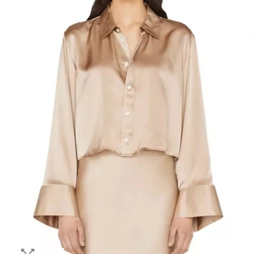 FRAME Denim Women's 100% Silk Blouse X-Small Cropped Bell Sleeve Khaki Tan